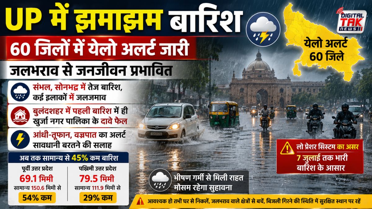 UP Weather Update: उत्तर प्रदेश के 60 जिलों में भारी बारिश का अलर्ट, कई शहरों में जलभराव